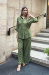 Rozana- Olive Green Shirt Collar Cutwork Co-Ord Set with Straight Pants