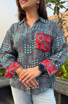 AURA-Blue Pocket Printed Shirt