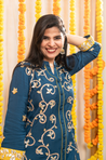 NAZM- Teal Blue Embroidered Two Piece Pathani Set