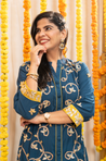 NAZM- Teal Blue Embroidered Two Piece Pathani Set