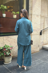 Rozana -Teal Blue Shirt Collar Cutwork Co-Ord Set with Straight Pants