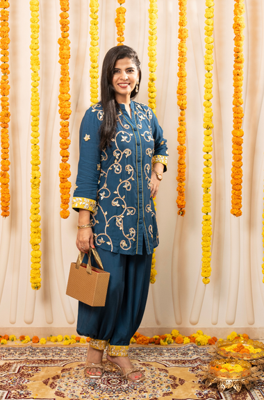 NAZM-  Teal Blue Embroidered  Two Piece Pathani Set