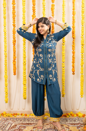NAZM-  Teal Blue Embroidered  Two Piece Pathani Set