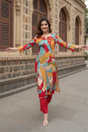 Red Printed Straight fit Kurta With Pants