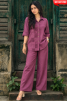 Rozana - Plum Shirt Collar Cutwork Co-Ord Set with Straight Pants