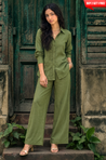 Rozana- Olive Green Shirt Collar Cutwork Co-Ord Set with Straight Pants