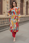 Red Printed Straight fit Kurta With Pants