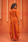 Festive -Rust Orange Elegant Fusion Patola Printed Drape Dress