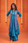 Festive -Blue Elegant Fusion Patola Printed Drape Dress