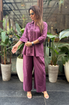 Rozana - Plum Shirt Collar Cutwork Co-Ord Set with Straight Pants (PRE-ORDER)