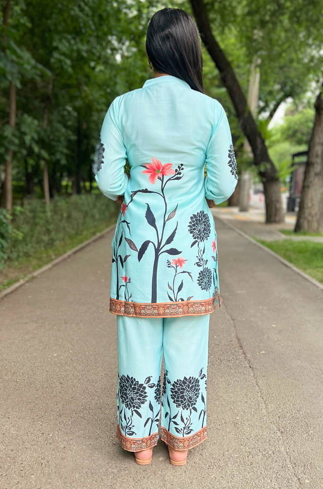 SEHAJ-Sky Blue Floral Printed Two Piece Set
