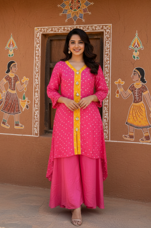 MEHER-Radiant Pink  Bandhani  High-Low Kurta With  Flared Pant