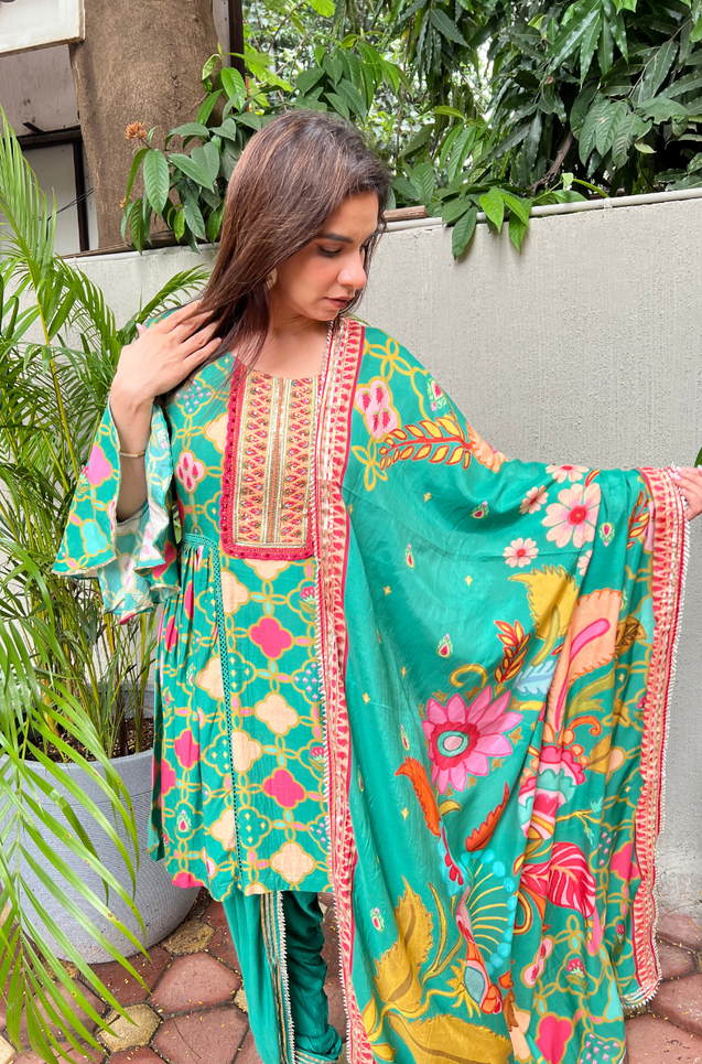 GEET-Jade Green Three Piece Suit Set With Printed Dupatta