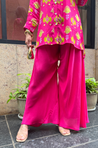 Festive Fuchsia Pink Ikat Printed Short Kurta With Cowl Pant