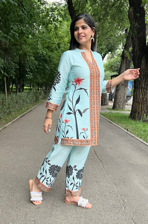 SEHAJ-Sky Blue Floral Printed Two Piece Set