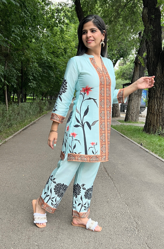 SEHAJ-Sky Blue Floral Printed Two Piece Set