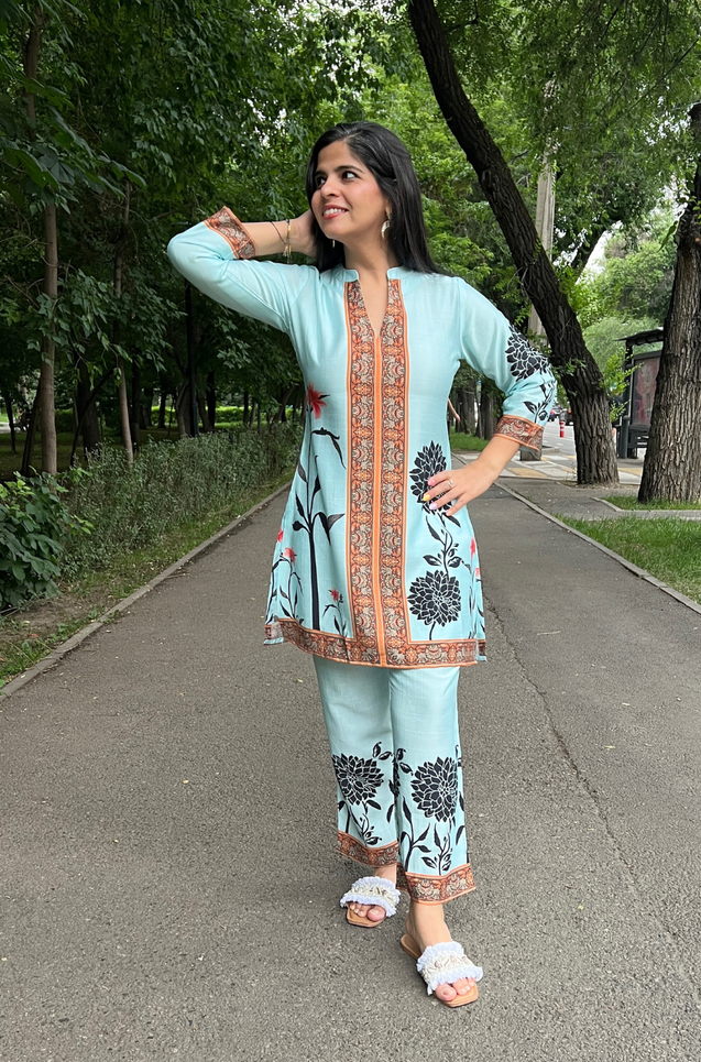 SEHAJ-Sky Blue Floral Printed Two Piece Set
