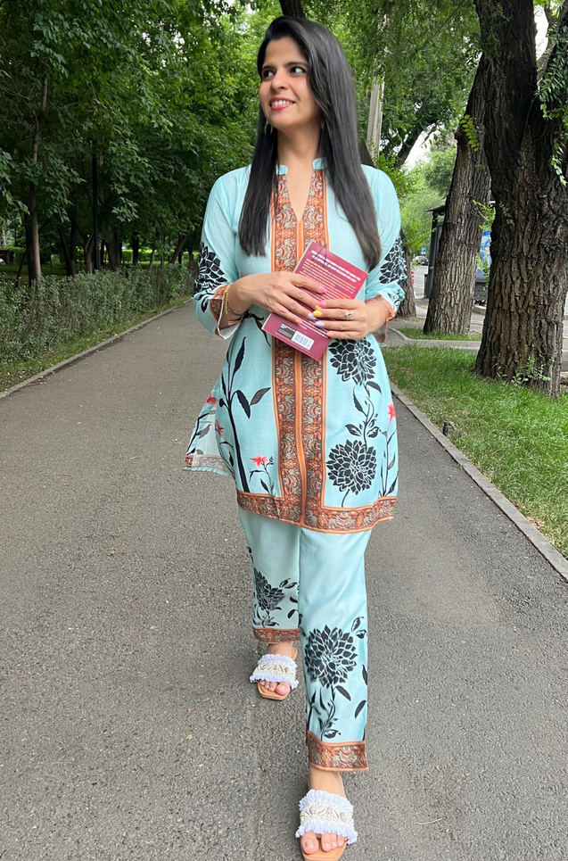 SEHAJ-Sky Blue Floral Printed Two Piece Set