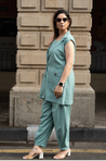 REZAAR- Sea Green Blazer With Bustier and cuffed Pants