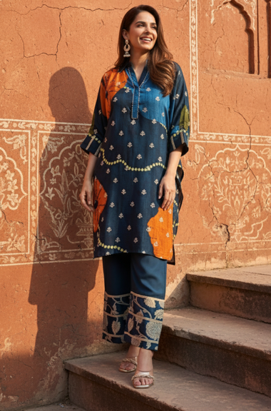 MEHER-Navy Blue Bandhani Ethnic  Kurta set