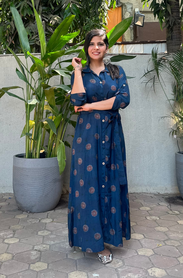 Navy Blue Printed Button Down Shirt  Gown With Belt