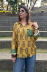 Jazba- Ochre Yellow Leaf Pocket Printed shirt
