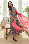 Rosewood Floral Printed Kali Gown With Stole