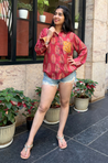 Jazba- Coral Red Leaf Pocket Printed shirt
