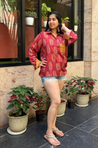 Jazba- Coral Red Leaf Pocket Printed shirt