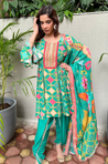 GEET-Jade Green Three Piece Suit Set With Printed Dupatta