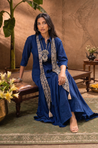 Rozana-Dark Blue Cotton Slub Elegant Fusion Drape Dress(Pre-order)
