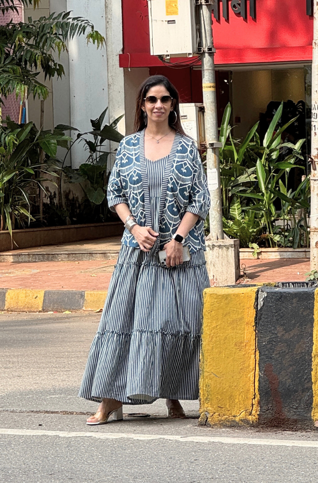 REZAAR-  Striped Tiered Gown with Printed Jacket