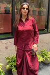 REZAAR- Maroon Drape Skirt Co-Ord Set with Shirt Top