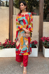 Red Printed Straight fit Kurta With Pants