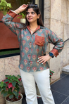 Jazba- Sage Olive Pocket Printed Shirt