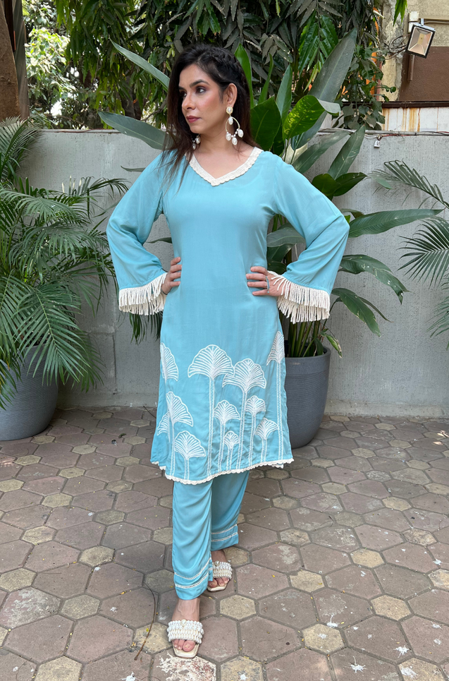 ZAHA - Pastel Blue Embroidered Two Piece Set