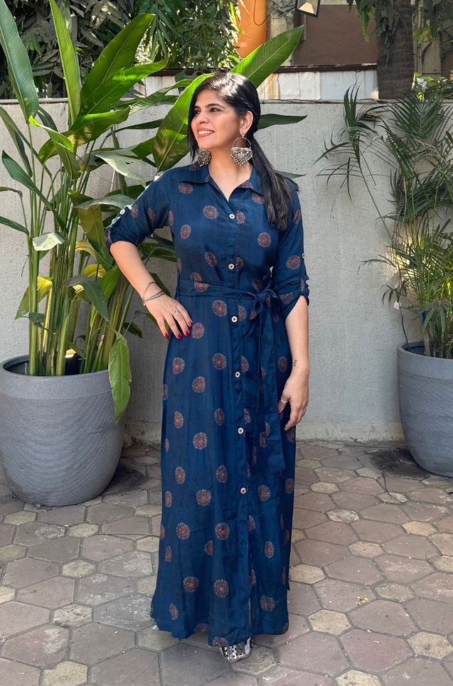 Navy Blue Printed Button Down Shirt  Gown With Belt