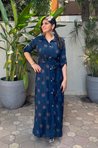 Navy Blue Printed Button Down Shirt  Gown With Belt