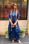 Rozana-Dark Blue Cotton Slub Elegant Fusion Drape Dress