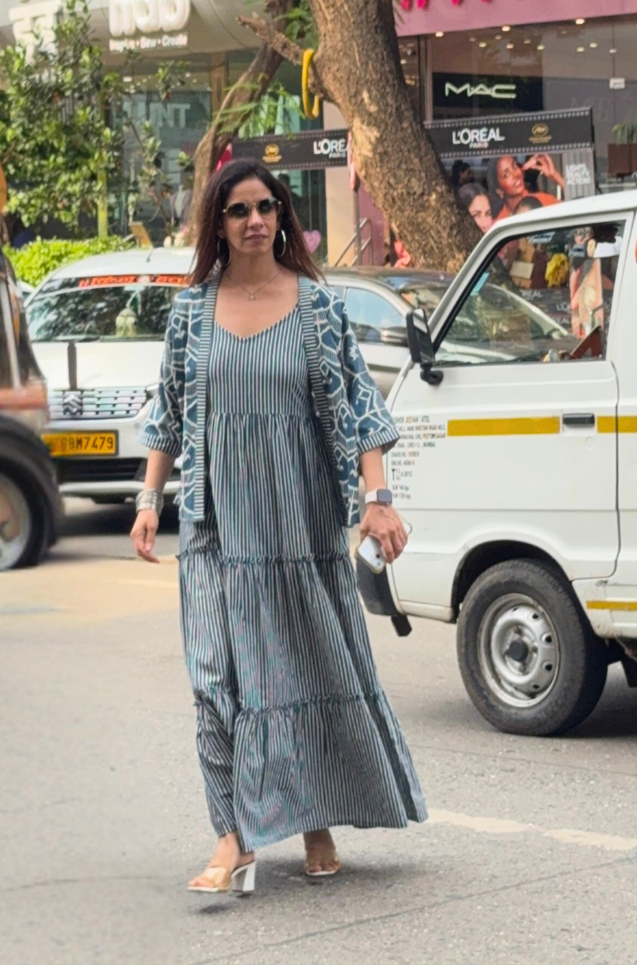 REZAAR-  Striped Tiered Gown with Printed Jacket