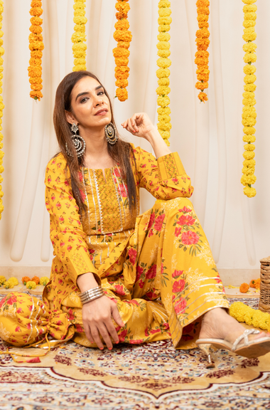AAFREEN-  Yellow Floral  Printed Farshi Salwar set with Potli Bag