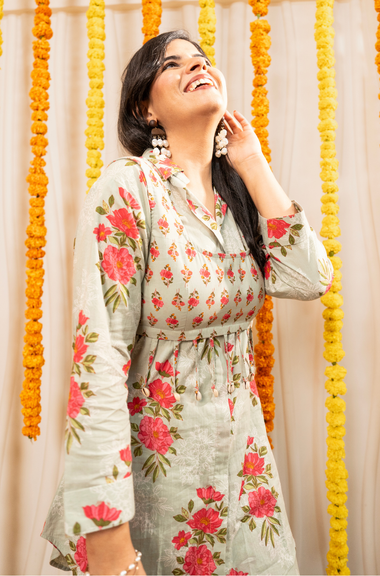 AAFREEN-  Sage Green Floral  Printed  Co-Ord Set with Koti