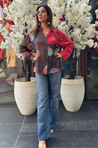 AURA-Brown and Red Lotus Printed Oversized Shirt