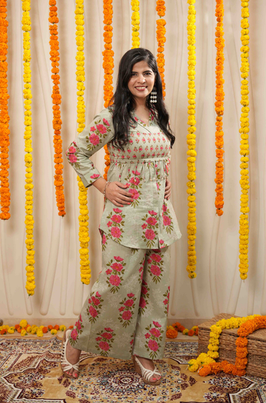 AAFREEN-  Sage Green Floral  Printed  Co-Ord Set with Koti