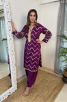 NOORANI-Wine Chevron Pattern  Kurta With Pathani Pant