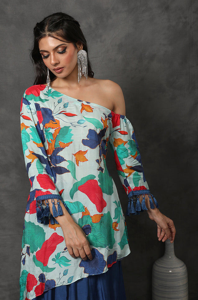 MASAKALI - Floral Asymmetrical Top With Draped Skirt