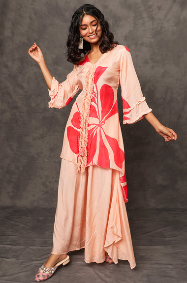 Cherry Red Floral Printed Two Piece Set
