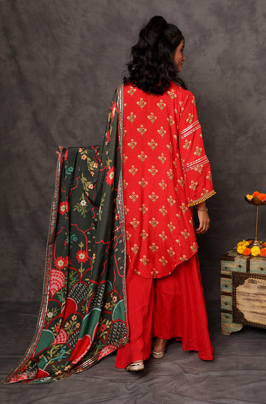 GEET- Scarlet Red Three Piece Suit Set With Printed Dupatta