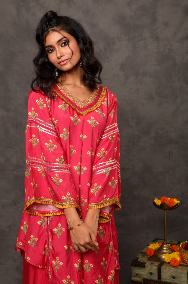 GEET- Cerise Pink Three Piece Suit Set With Printed Dupatta
