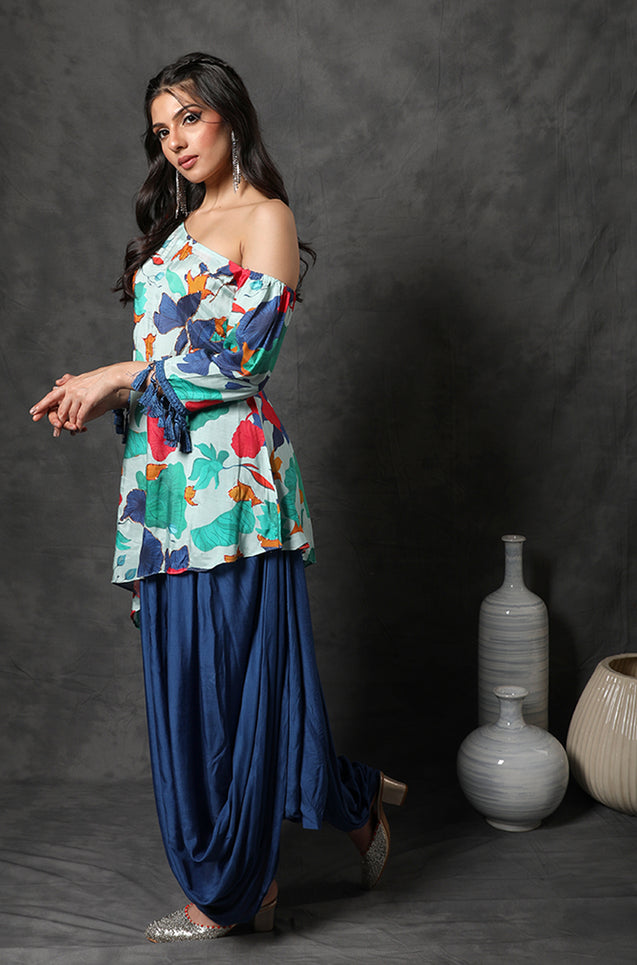 MASAKALI - Floral Asymmetrical Top With Draped Skirt